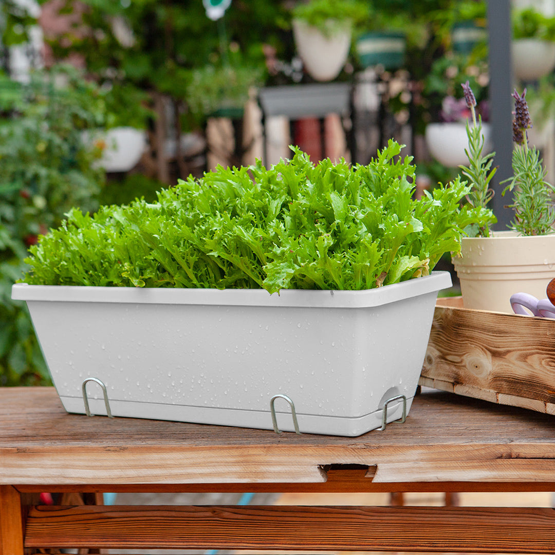49.5cm White Rectangular Planter Vegetable Herb Flower Outdoor Plastic Box with Holder Balcony Garden Decor Set of 4