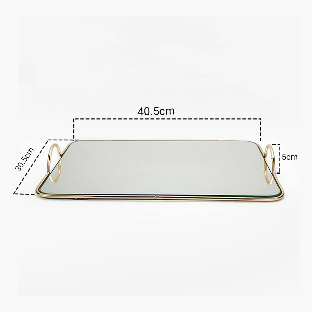 Soga 40.5cm Gold Flat Lay Mirror Glass Metal Tray Vanity Makeup Perfume Jewelry Organiser With Handles