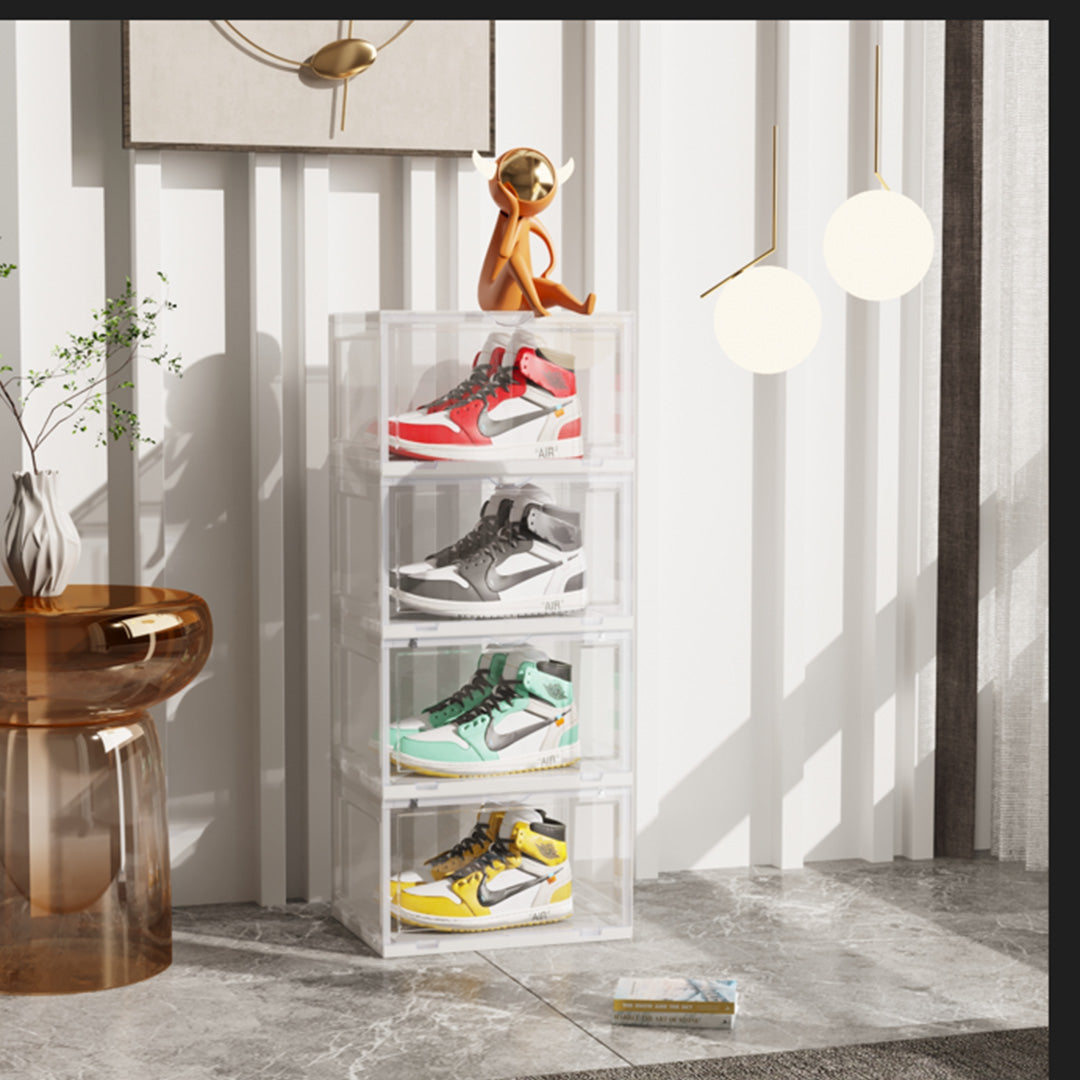 2X 4 Tier Transparent Portable Shoe Organiser Sneaker Footwear Folding Plastic Bin Stackable Storage Box with Magnetic Door