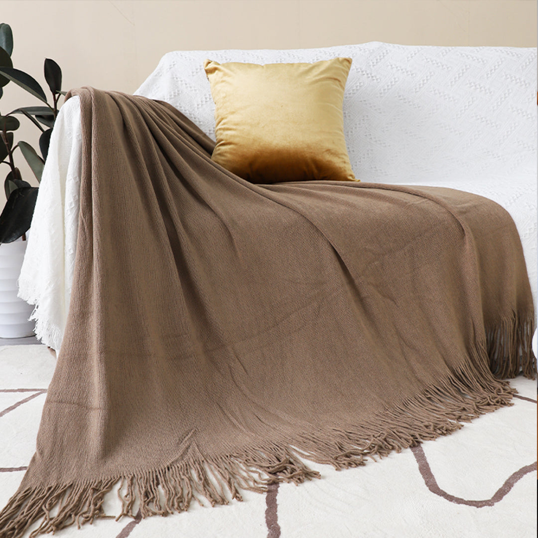 2X Coffee Acrylic Knitted Throw Blanket Solid Fringed Warm Cozy Woven Cover Couch Bed Sofa Home Decor