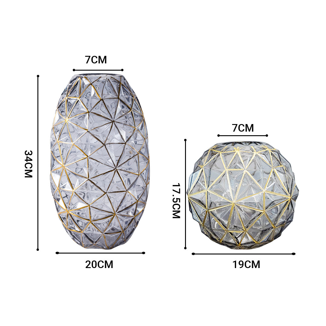 Soga Grey Colored Diamond Cut Glass Flower Vase Round Jar Home Decor With Gold Accent Large And Medium Set