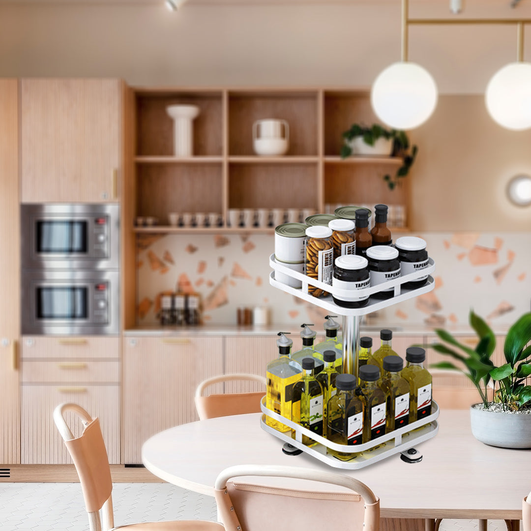 2X 2 Tier Steel White Square Rotating Multi-Function Kitchen Portable Storage Spice Seasoning Kitchen Countertop Organiser Shelf