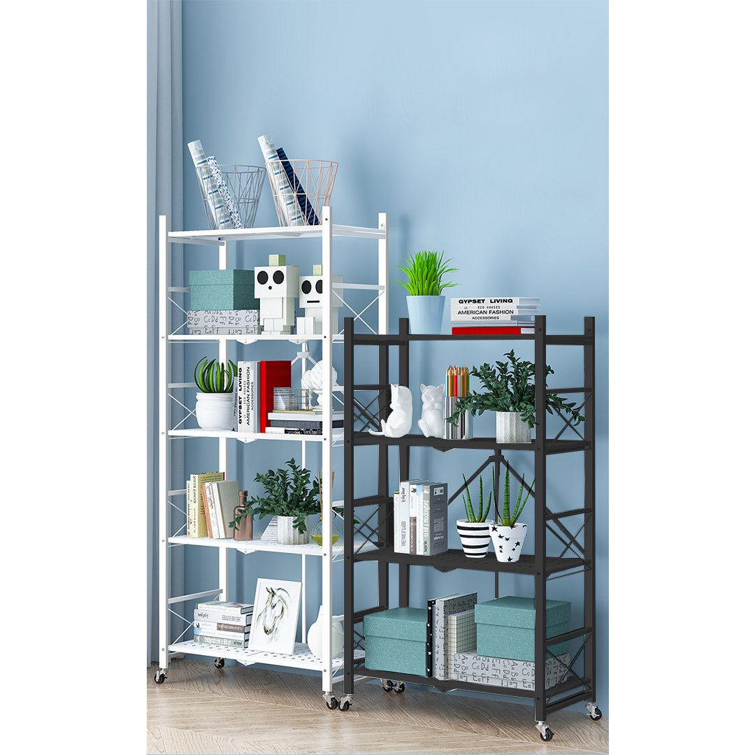 Soga 2 X 4 Tier Steel Black Foldable Display Stand Multi Functional Shelves Portable Storage Organizer With Wheels