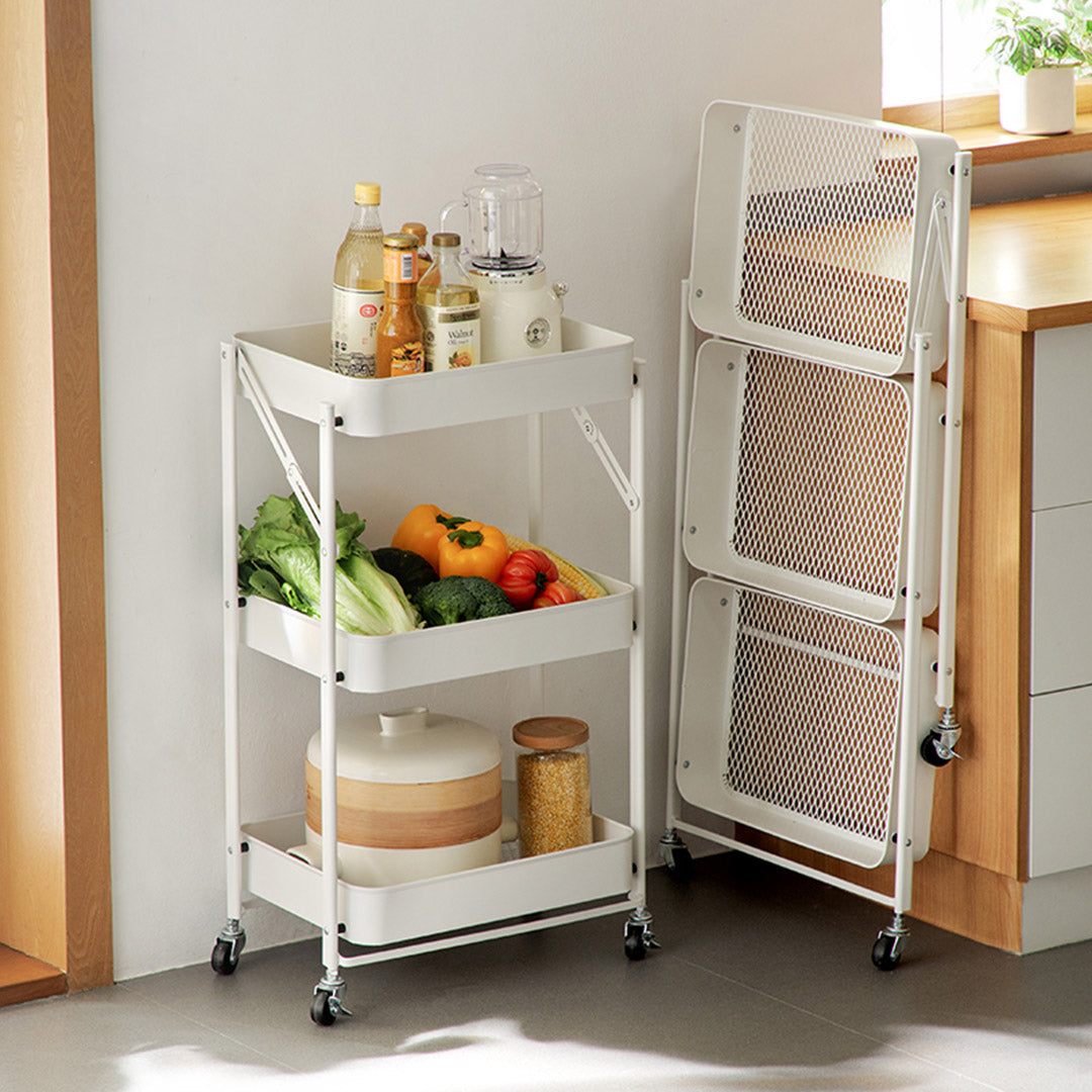 Soga 3 Tier Steel White Foldable Kitchen Cart Multi Functional Shelves Portable Storage Organizer With Wheels