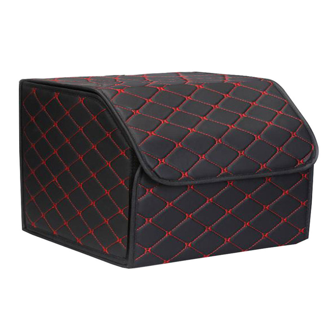 Soga 4 X Leather Car Boot Collapsible Foldable Trunk Cargo Organizer Portable Storage Box Black/Red Stitch Medium