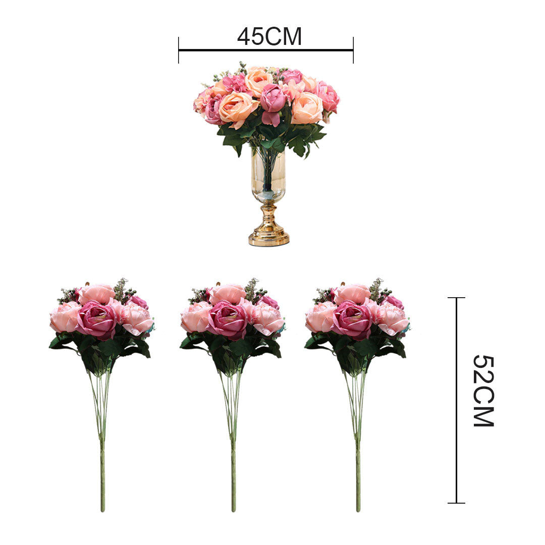 Soga 3pcs Artificial Silk With 15 Heads Flower Fake Rose Bouquet Table Decor Pink