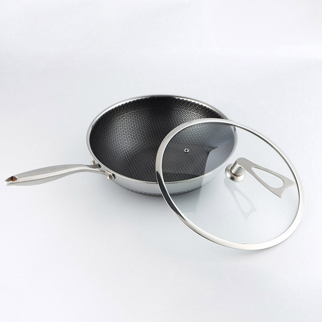 Soga 2 X 32cm Stainless Steel Tri Ply Frying Cooking Fry Pan Textured Non Stick Interior Skillet With Glass Lid