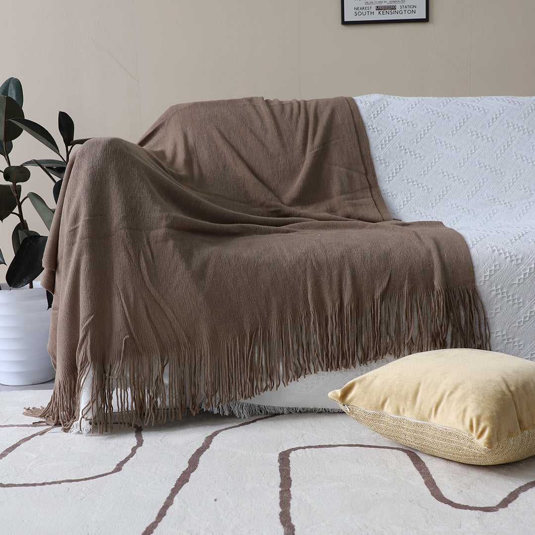 Coffee Acrylic Knitted Throw Blanket Solid Fringed Warm Cozy Woven Cover Couch Bed Sofa Home Decor