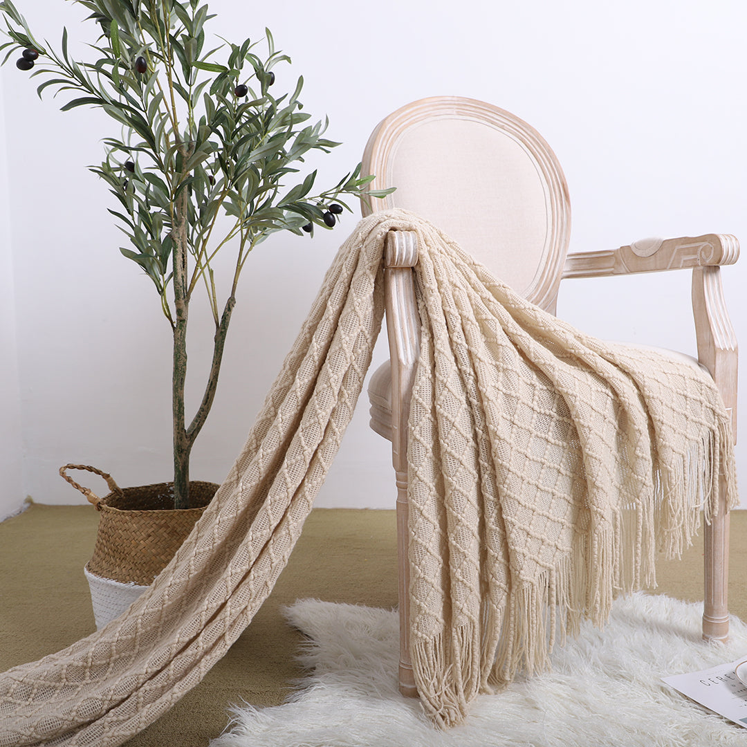 2X Beige Diamond Pattern Knitted Throw Blanket Warm Cozy Woven Cover Couch Bed Sofa Home Decor with Tassels