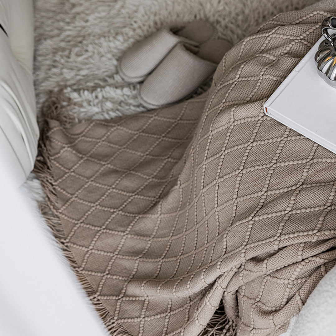 2X Coffee Diamond Pattern Knitted Throw Blanket Warm Cozy Woven Cover Couch Bed Sofa Home Decor with Tassels