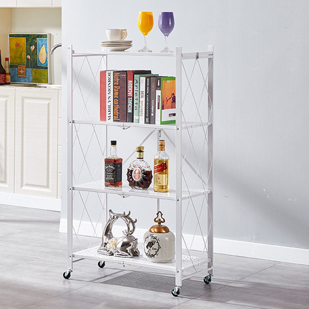 Soga 4 Tier Steel White Foldable Kitchen Cart Multi Functional Shelves Portable Storage Organizer With Wheels