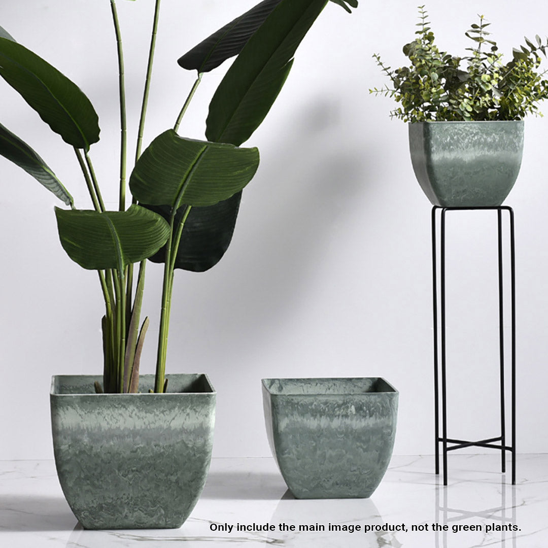 Soga 27cm Green Grey Square Resin Plant Flower Pot In Cement Pattern Planter Cachepot For Indoor Home Office