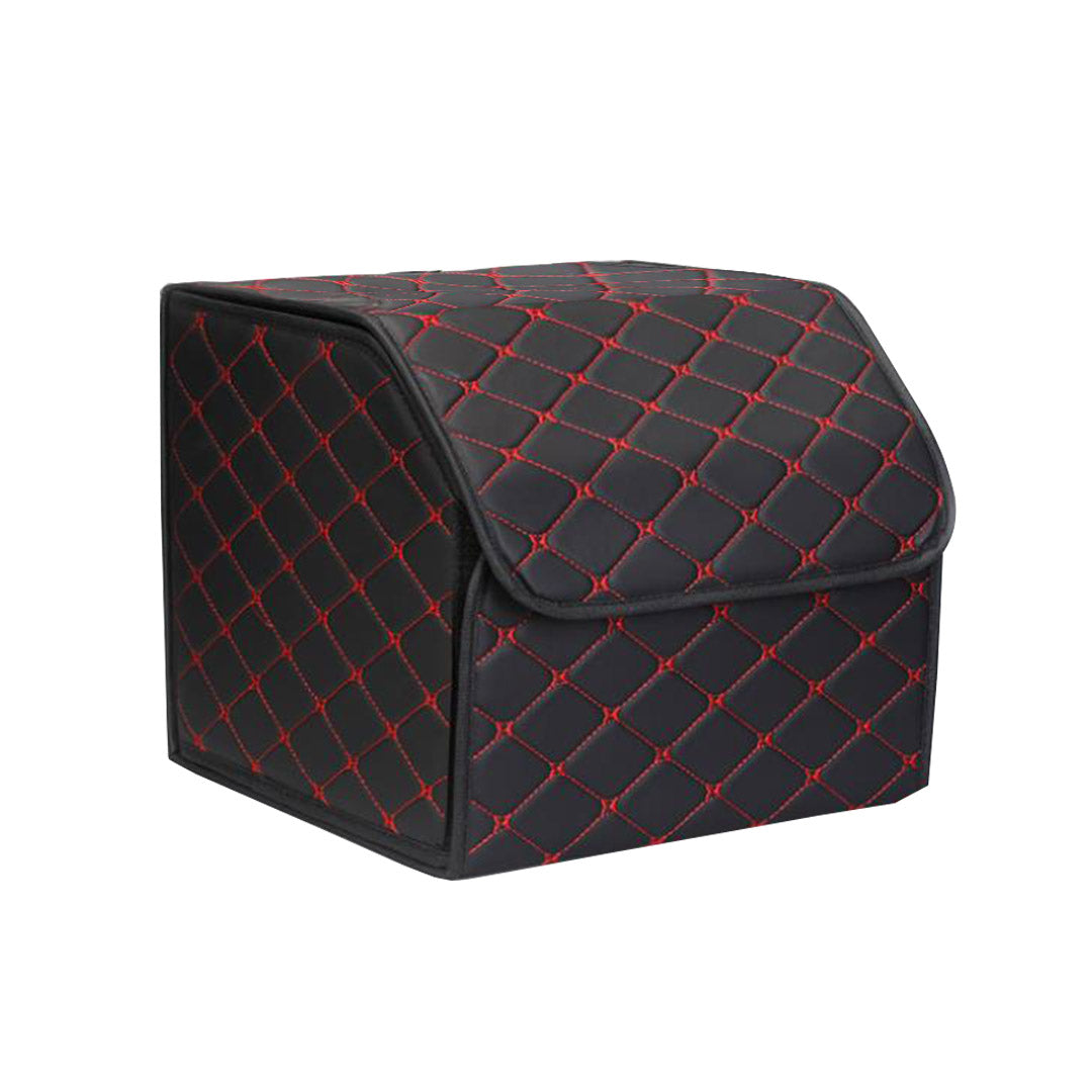 Soga 4 X Leather Car Boot Collapsible Foldable Trunk Cargo Organizer Portable Storage Box Black/Red Stitch Small