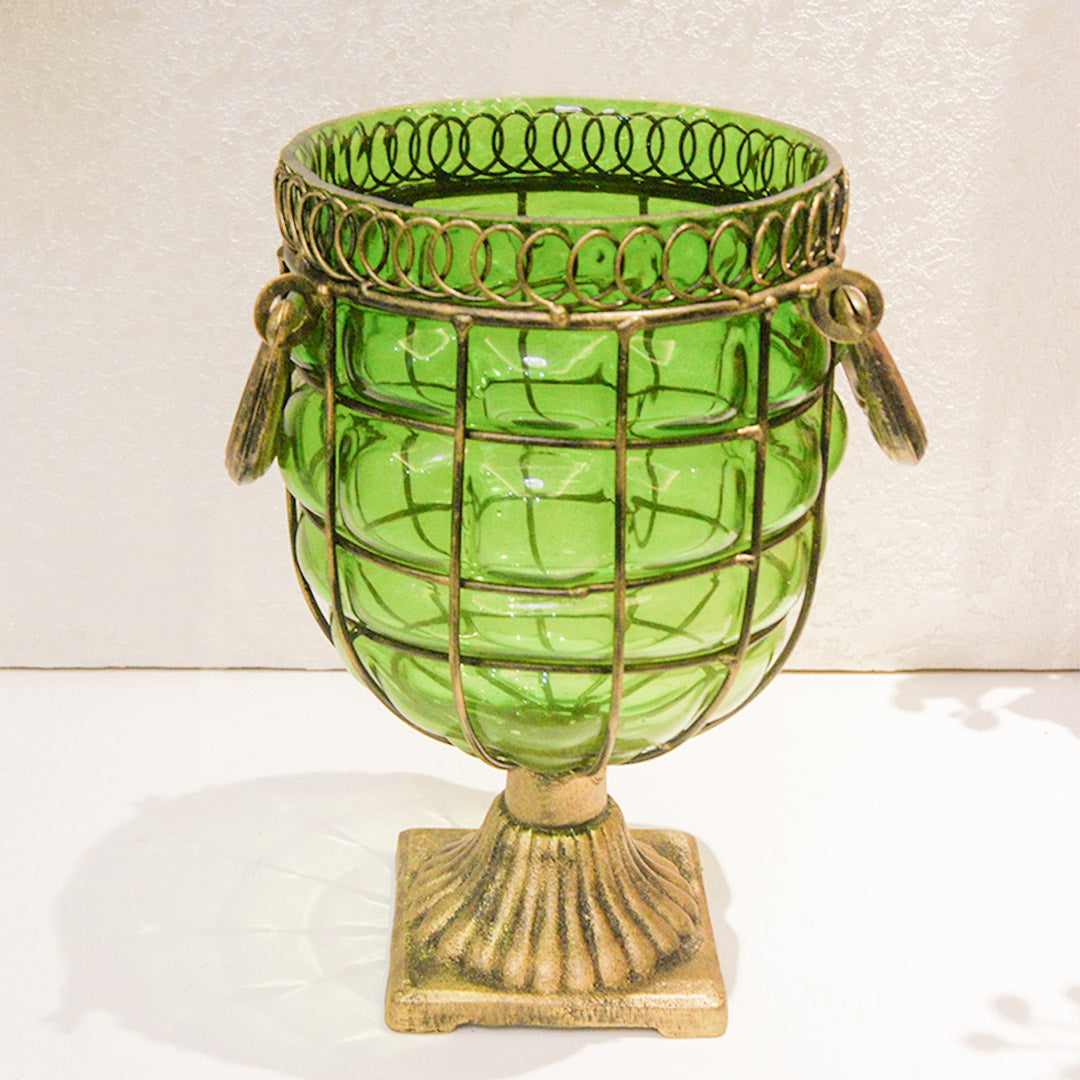 Soga Green Colored European Glass Jar Flower Vase Solid Base With Metal Handle