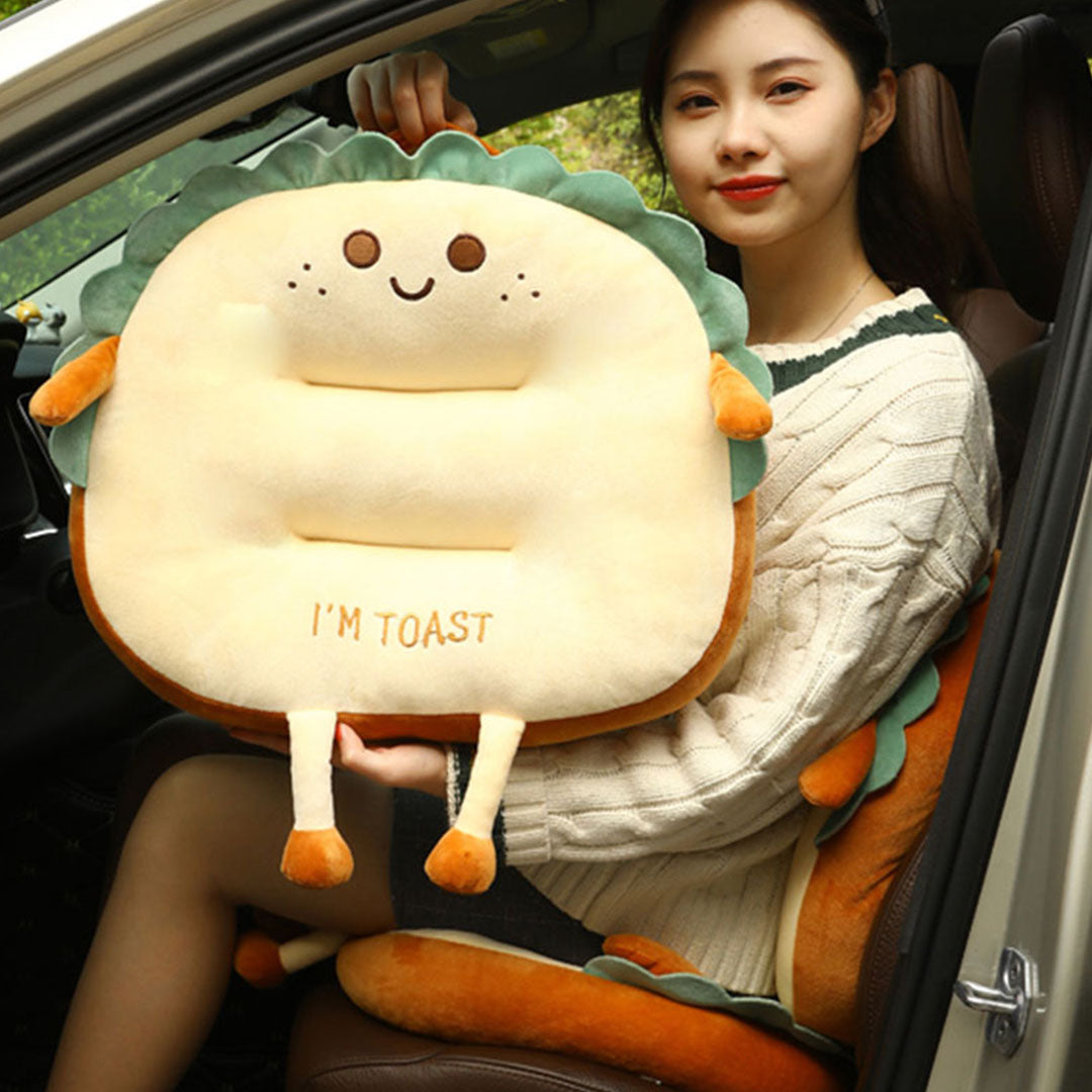 2X Smiley Face Toast Bread Cushion Stuffed Car Seat Plush Cartoon Back Support Pillow Home Decor