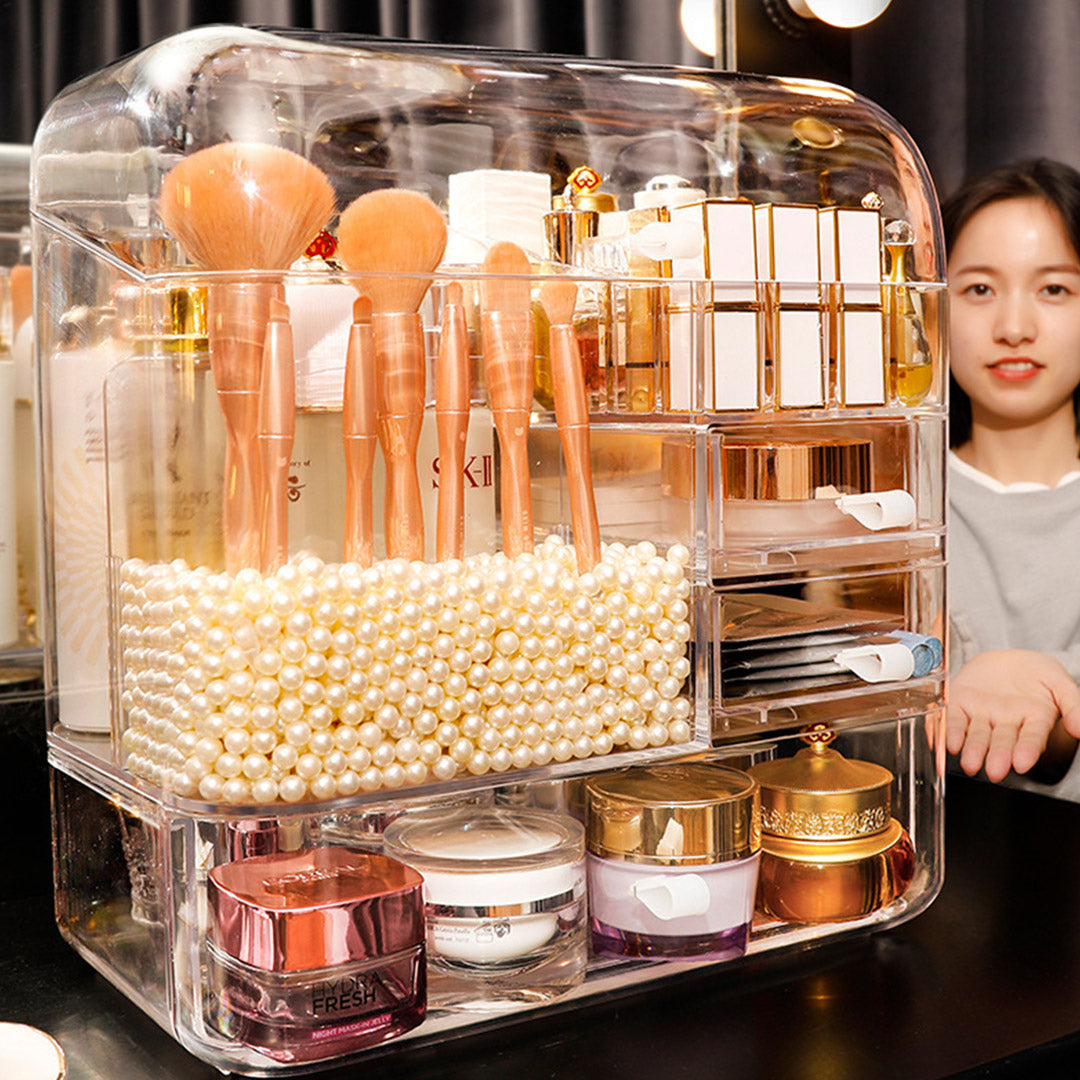2X Transparent Cosmetic Storage Box Clear Makeup Skincare Holder with Lid Drawers Waterproof  Dustproof Organiser with Pearls