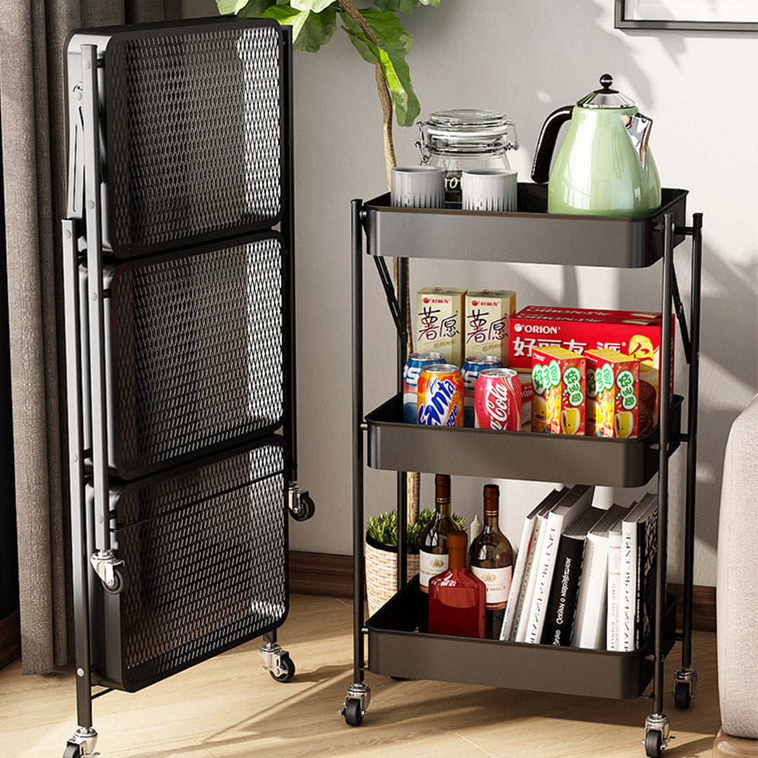 Soga 3 Tier Steel Black Foldable Kitchen Cart Multi Functional Shelves Portable Storage Organizer With Wheels