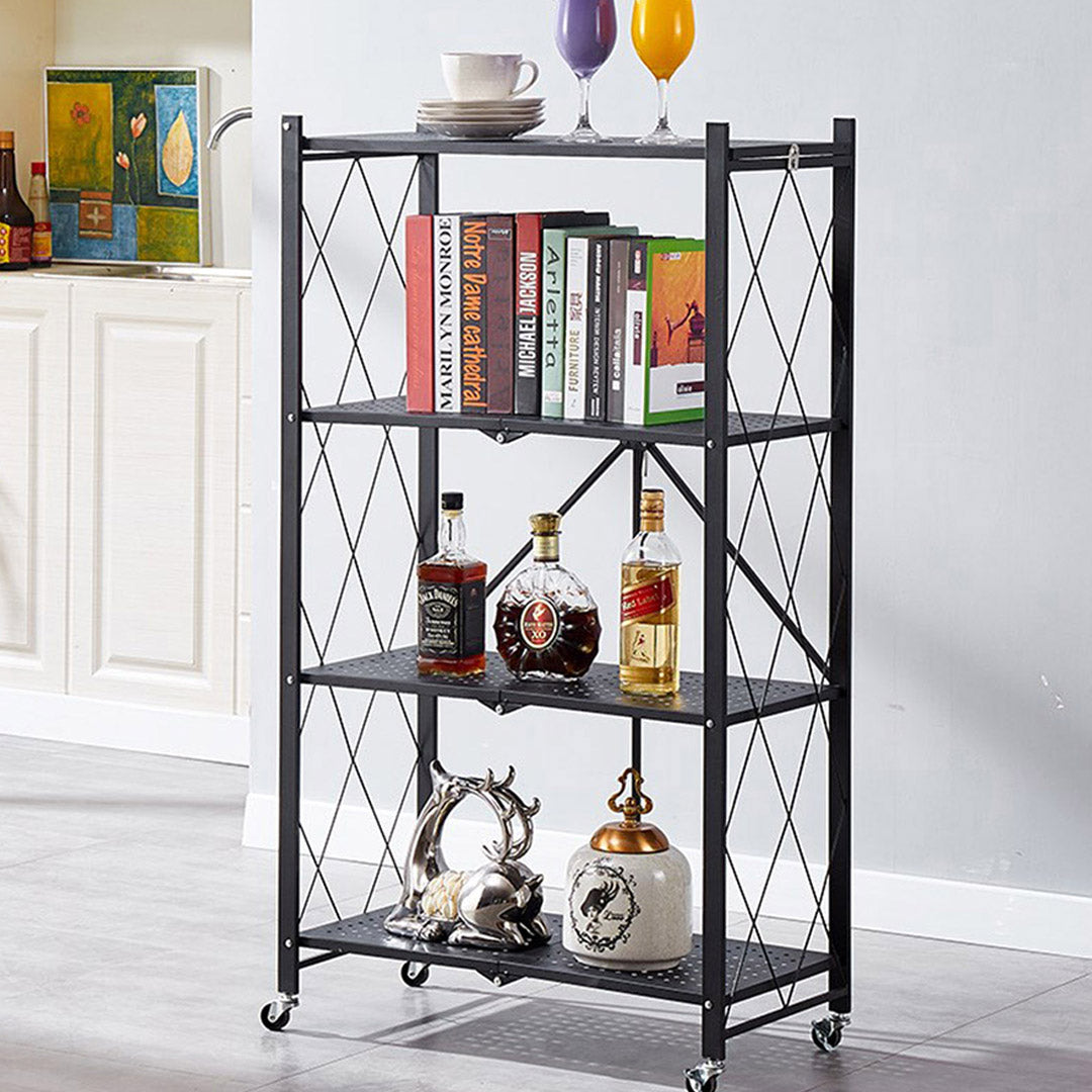 Soga 2 X 4 Tier Steel Black Foldable Kitchen Cart Multi Functional Shelves Portable Storage Organizer With Wheels