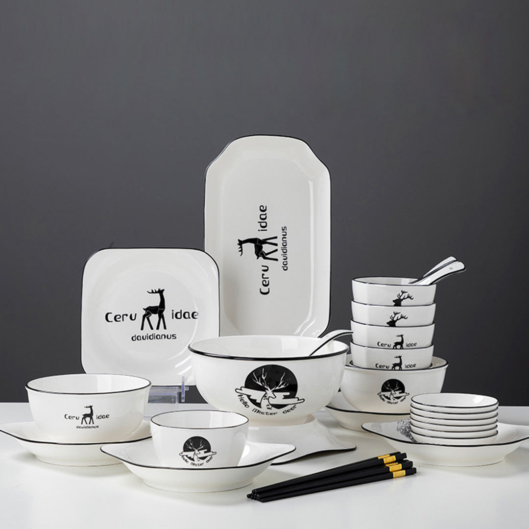 Soga White Antler Printed Ceramic Dinnerware Set Crockery Soup Bowl Plate Server Kitchen Home Decor Set Of 20