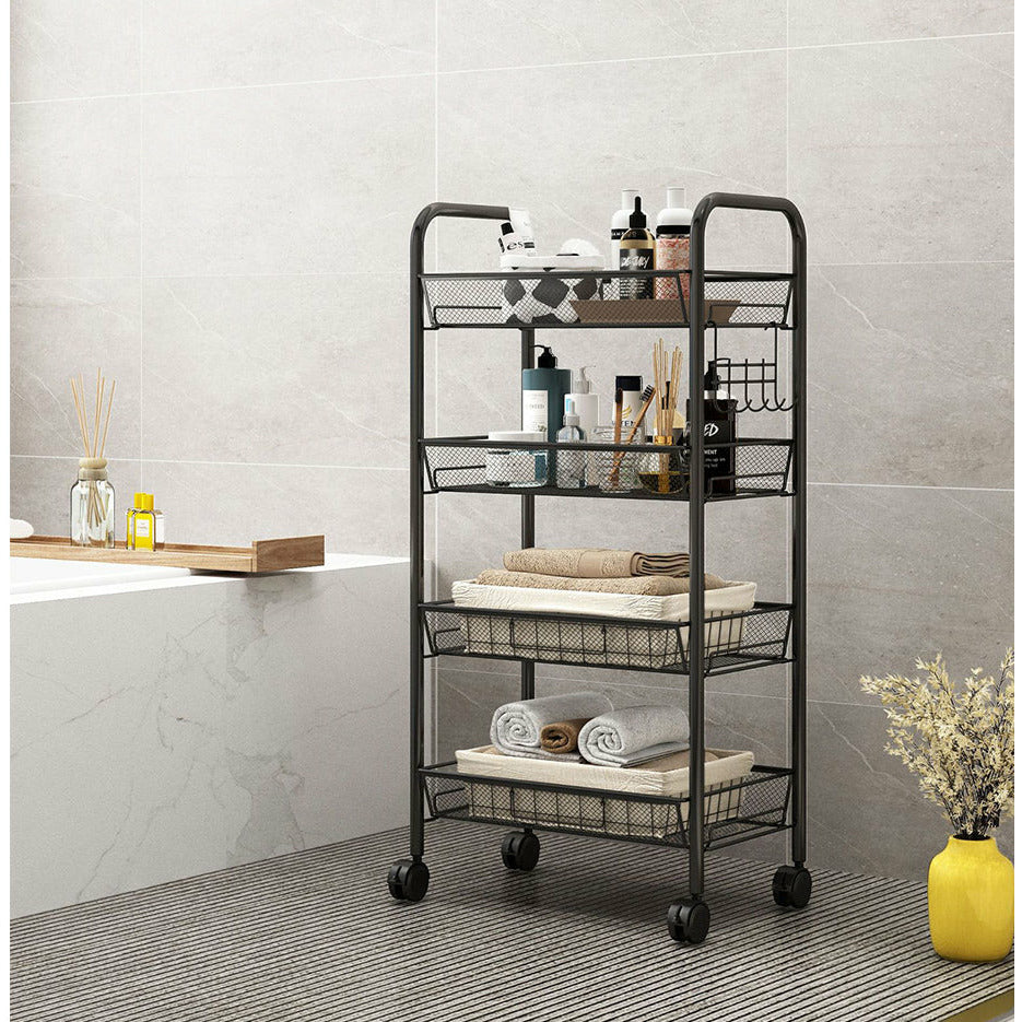 Soga 4 Tier Steel Black Bee Mesh Kitchen Cart Multi Functional Shelves Portable Storage Organizer With Wheels