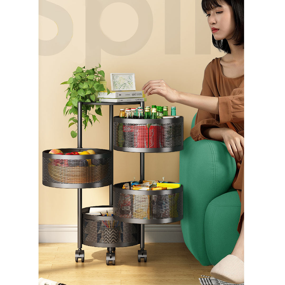 Soga 4 Tier Steel Round Rotating Kitchen Cart Multi Functional Shelves Portable Storage Organizer With Wheels