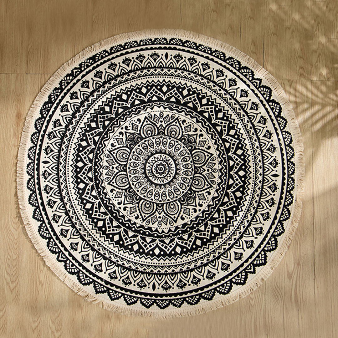 2X Black Carpet Soft Linen Bohemian Non-Slip Floor Retro Minimalist Round Rug Home Decor with Tassels