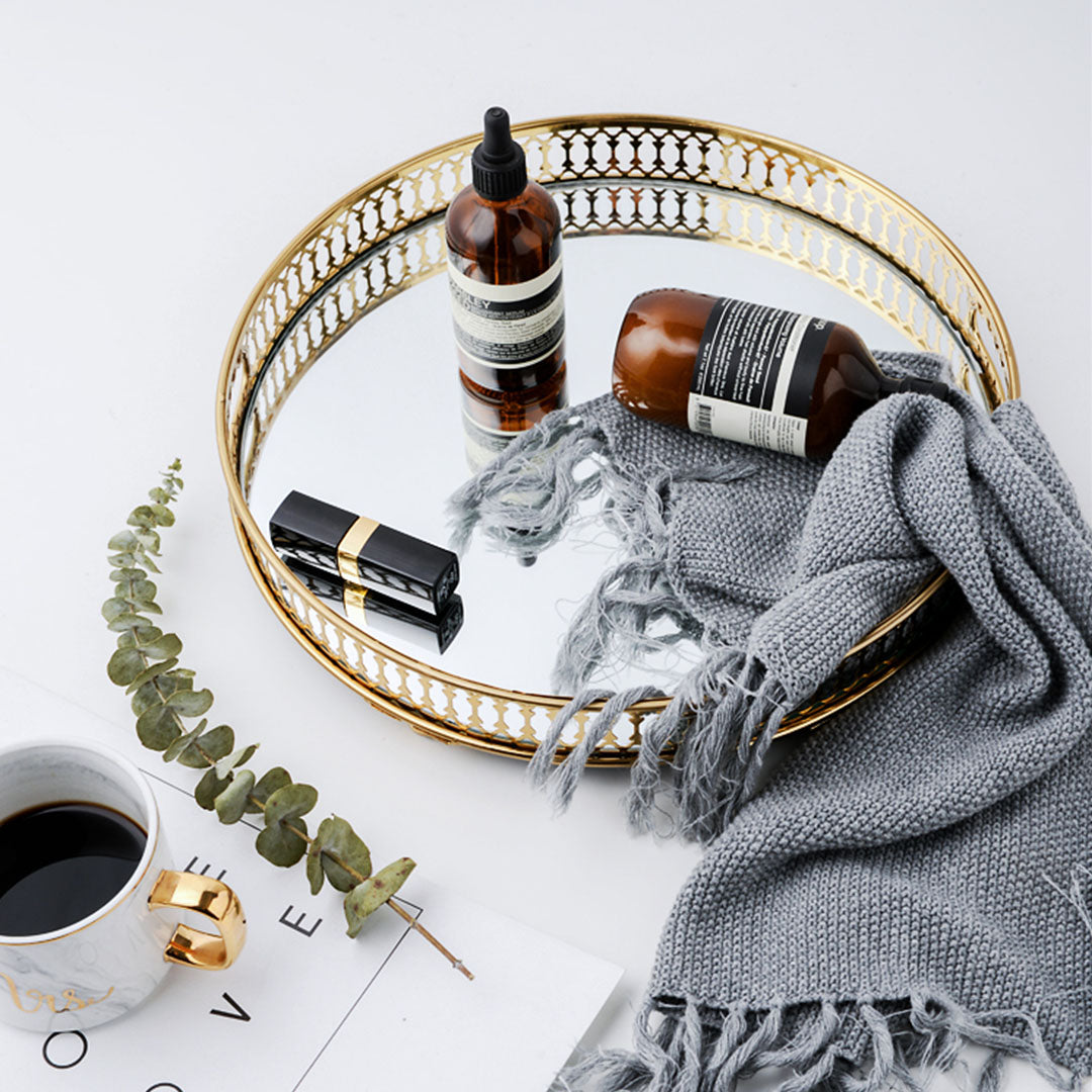 Soga 32cm Gold Round Ornate Mirror Glass Metal Tray Vanity Makeup Perfume Jewelry Organiser With Handles