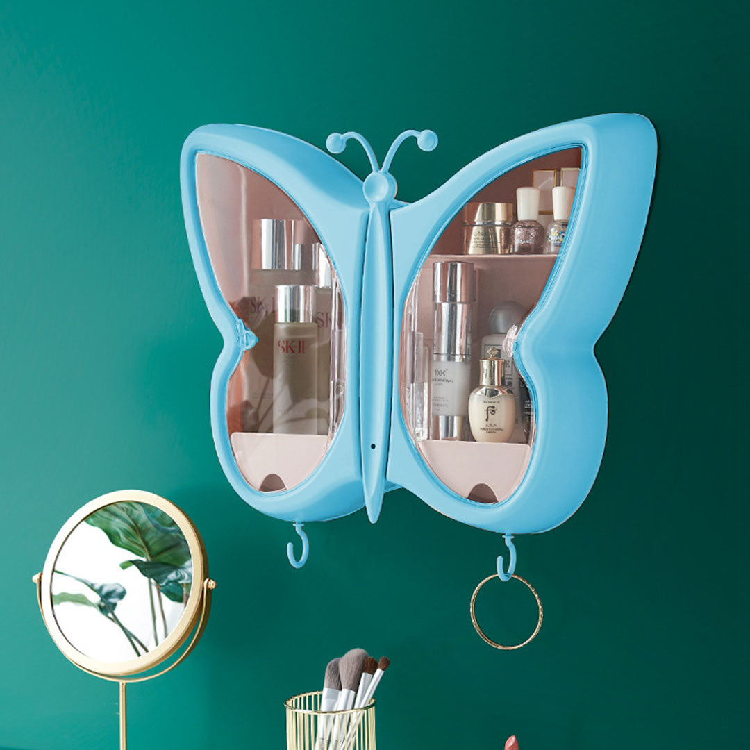 Soga Blue Butterfly Shape Wall Mounted Makeup Organiser Dustproof Waterproof Bathroom Storage Box Home Decor