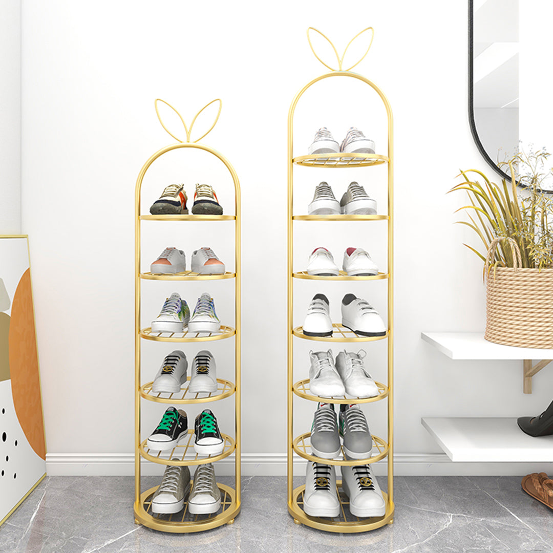 7 Tier Bunny Ears Shape Gold Plated Metal Shoe Organizer Space Saving Portable Footwear Storage Shelf