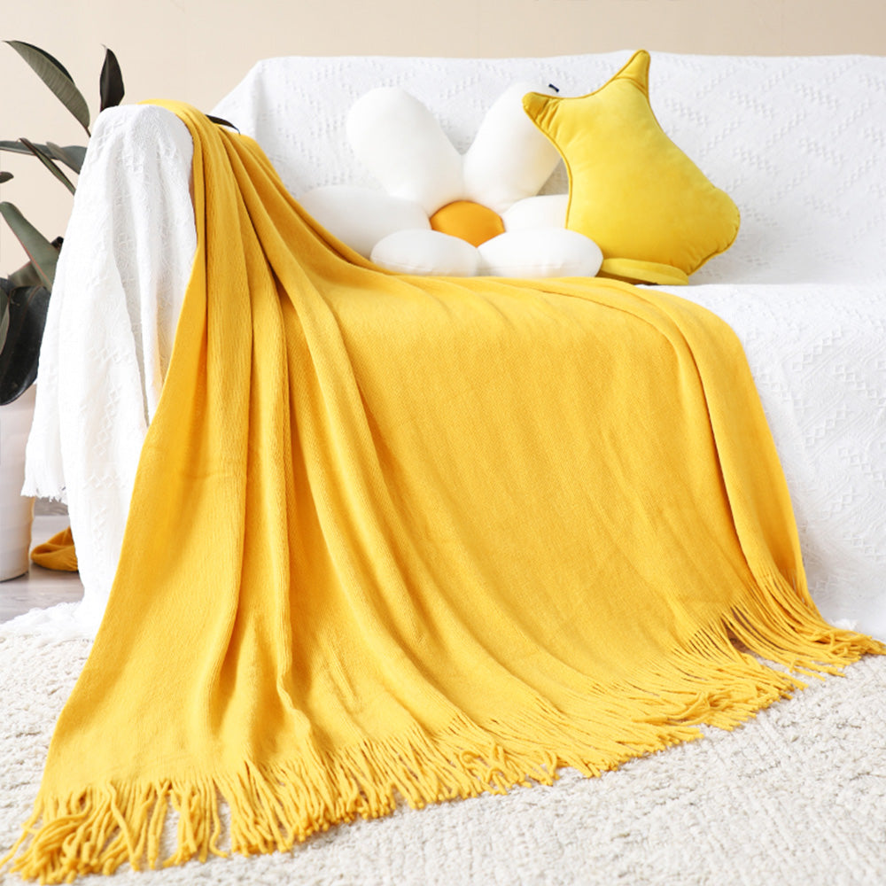 Yellow Acrylic Knitted Throw Blanket Solid Fringed Warm Cozy Woven Cover Couch Bed Sofa Home Decor