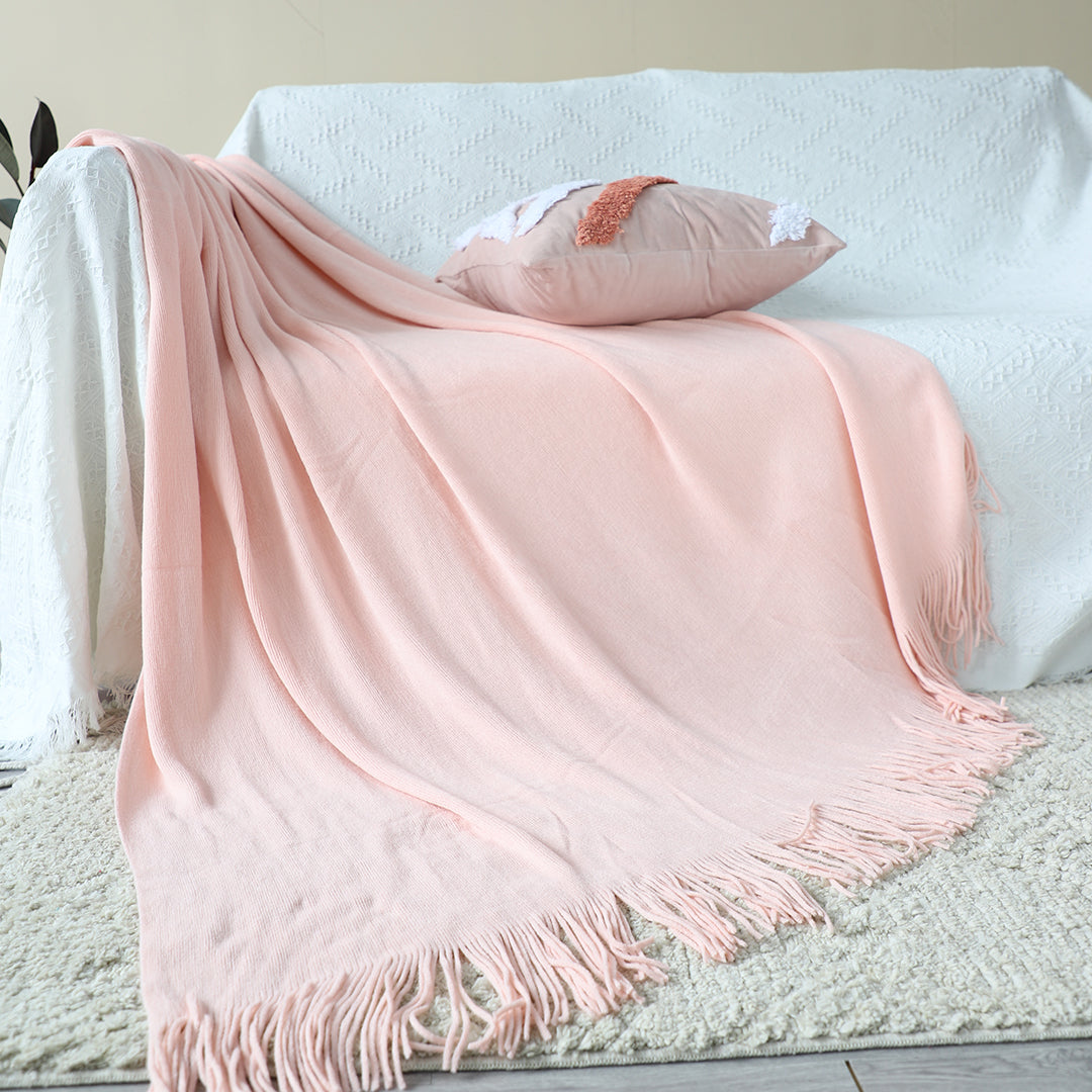 Pink Acrylic Knitted Throw Blanket Solid Fringed Warm Cozy Woven Cover Couch Bed Sofa Home Decor