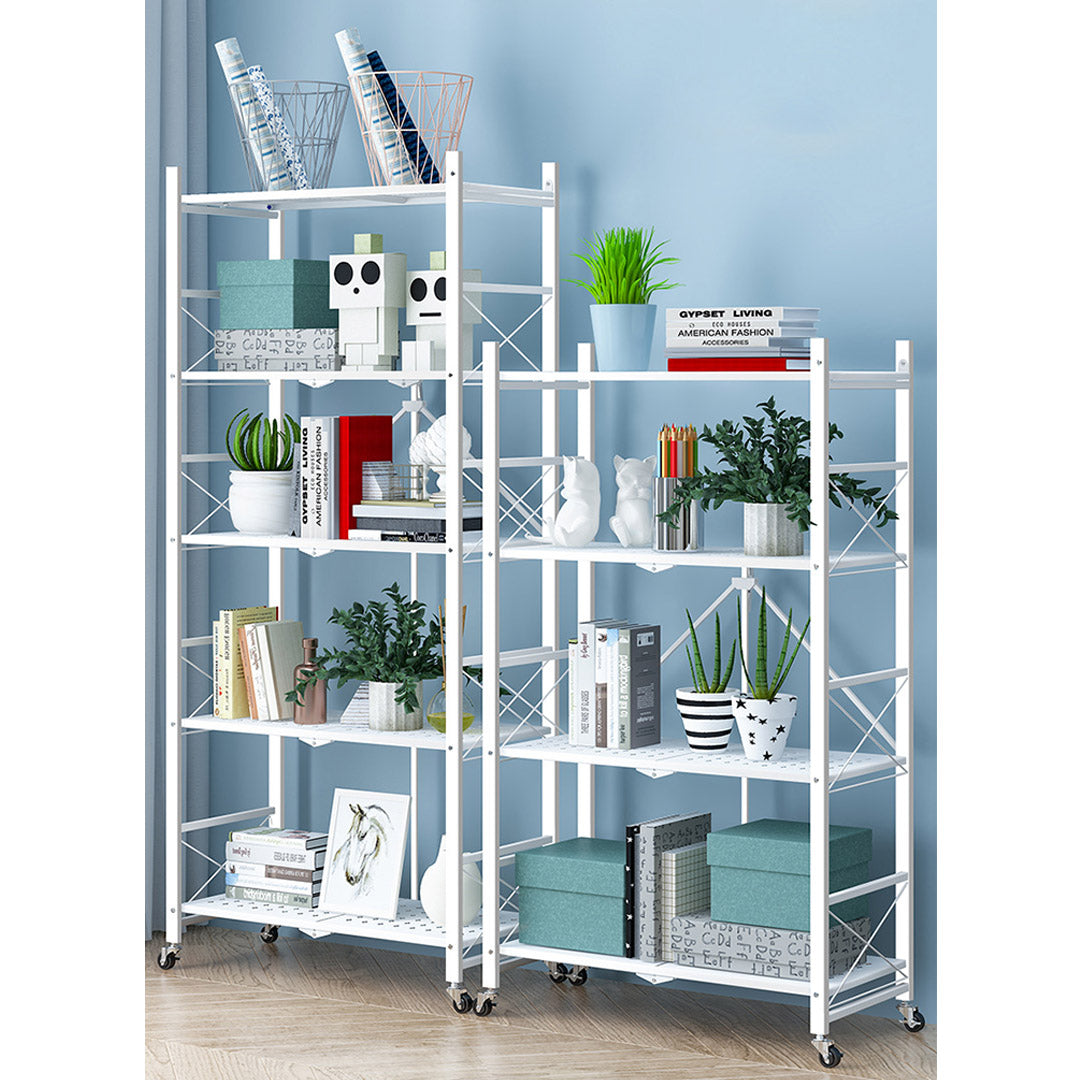 Soga 2 X 4 Tier Steel White Foldable Display Stand Multi Functional Shelves Portable Storage Organizer With Wheels