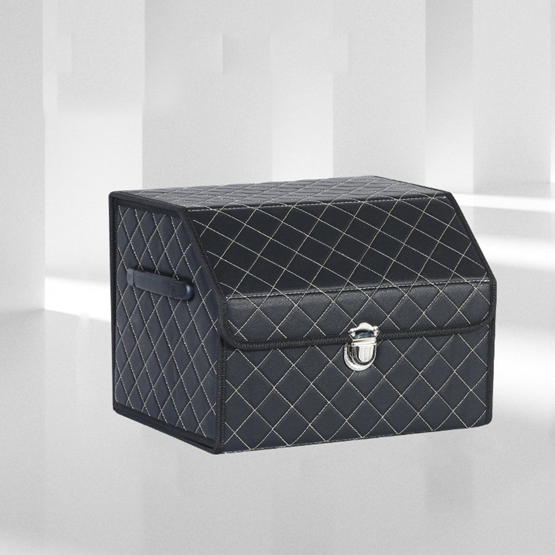 Soga Leather Car Boot Collapsible Foldable Trunk Cargo Organizer Portable Storage Box Black/White Stitch With Lock Small