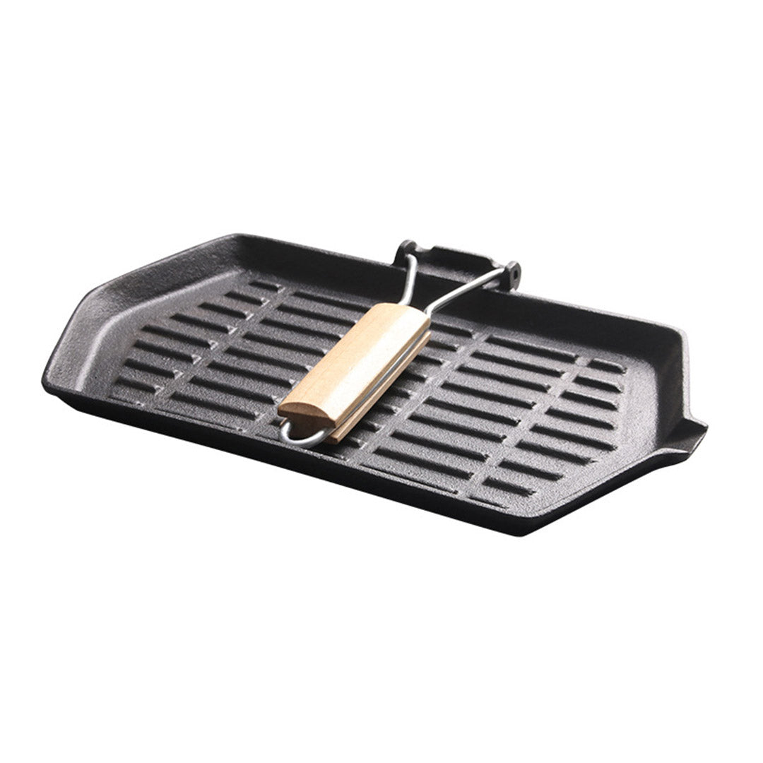 Soga Rectangular Cast Iron Griddle Grill Frying Pan With Folding Wooden Handle