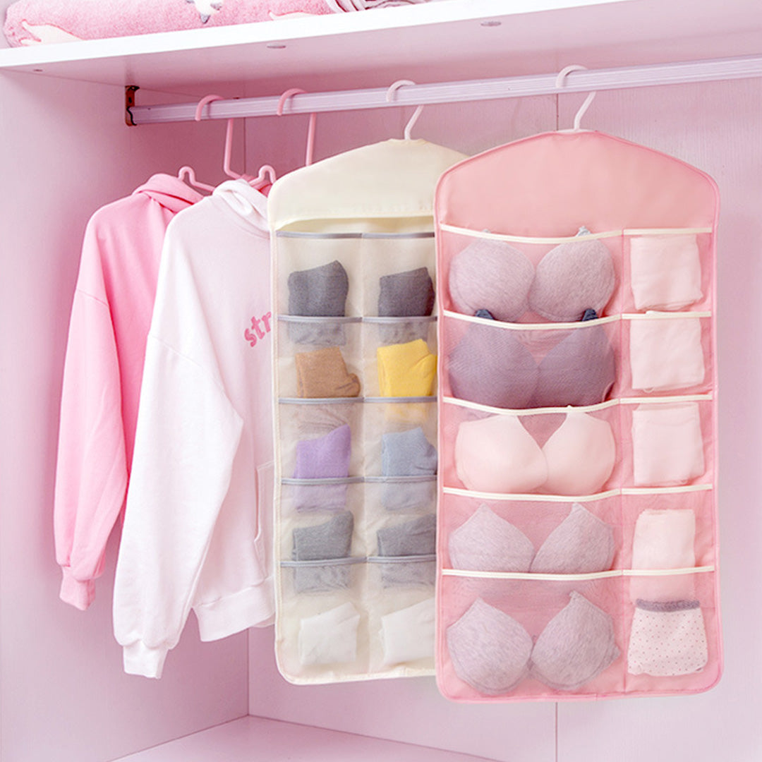 Pink Double Sided Hanging Storage Bag Underwear Bra Socks Mesh Pocket Hanger Home Organiser