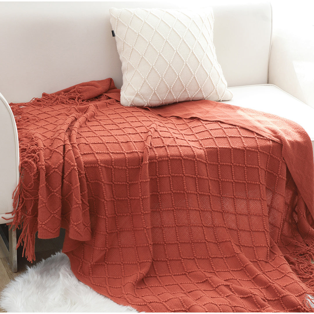 Red Diamond Pattern Knitted Throw Blanket Warm Cozy Woven Cover Couch Bed Sofa Home Decor with Tassels