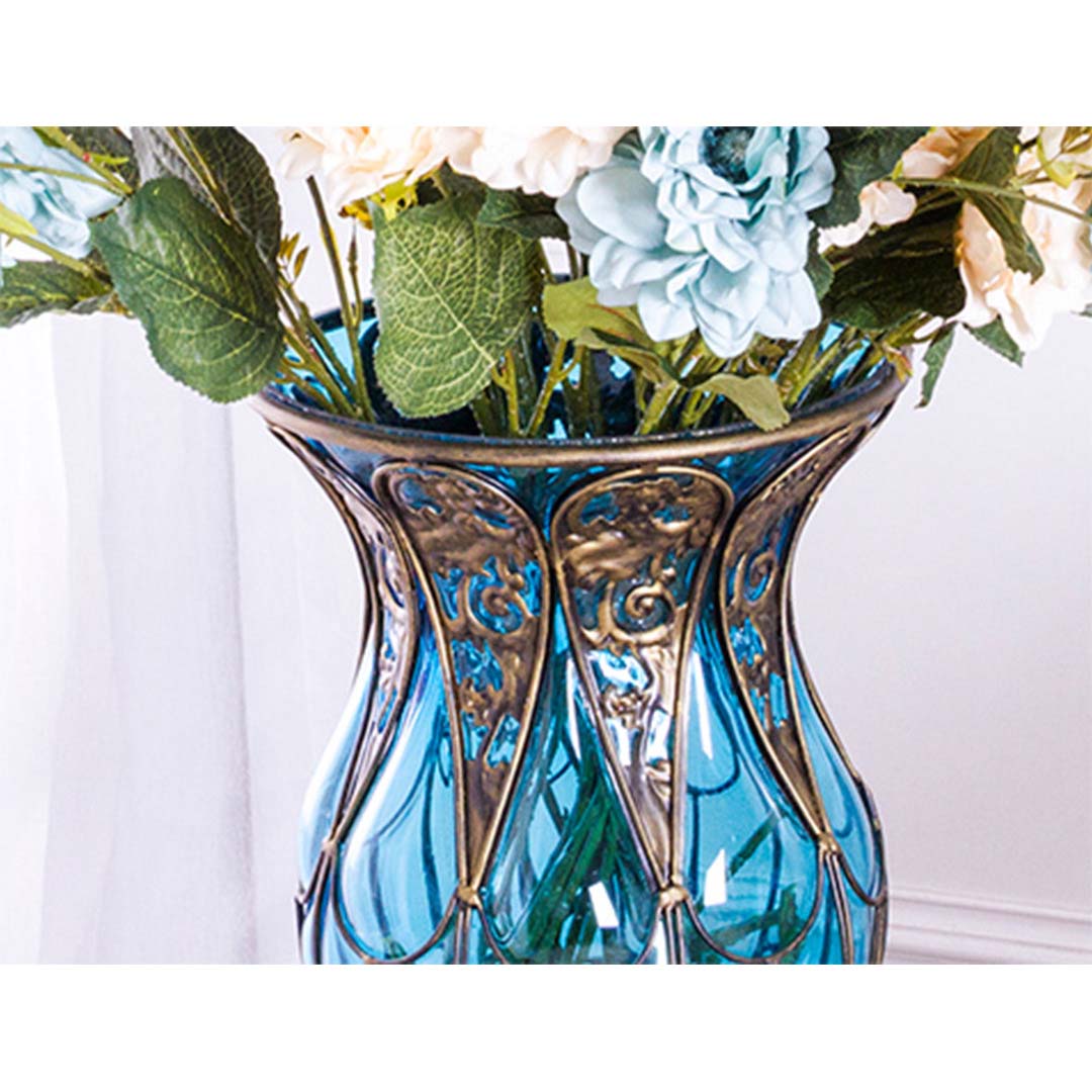 Soga 85cm Blue Glass Floor Vase With Tall Metal Flower Stand