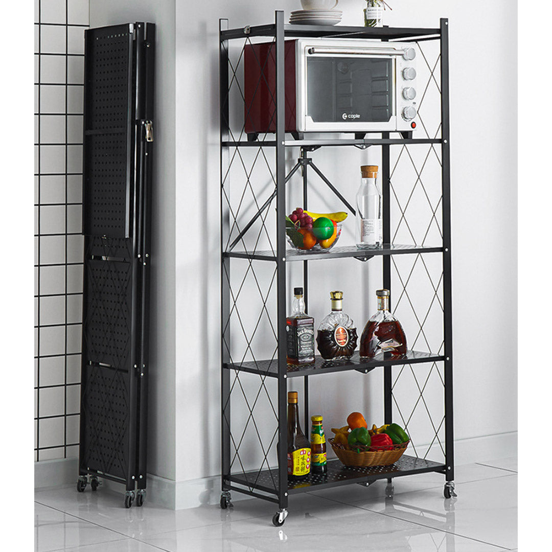 Soga 5 Tier Steel Black Foldable Kitchen Cart Multi Functional Shelves Portable Storage Organizer With Wheels