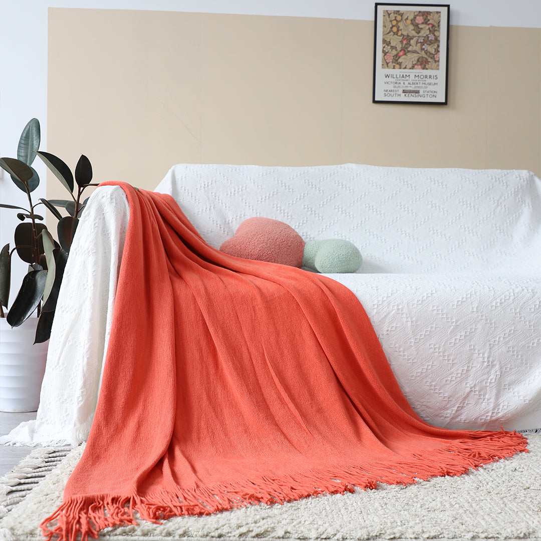 Orange Acrylic Knitted Throw Blanket Solid Fringed Warm Cozy Woven Cover Couch Bed Sofa Home Decor