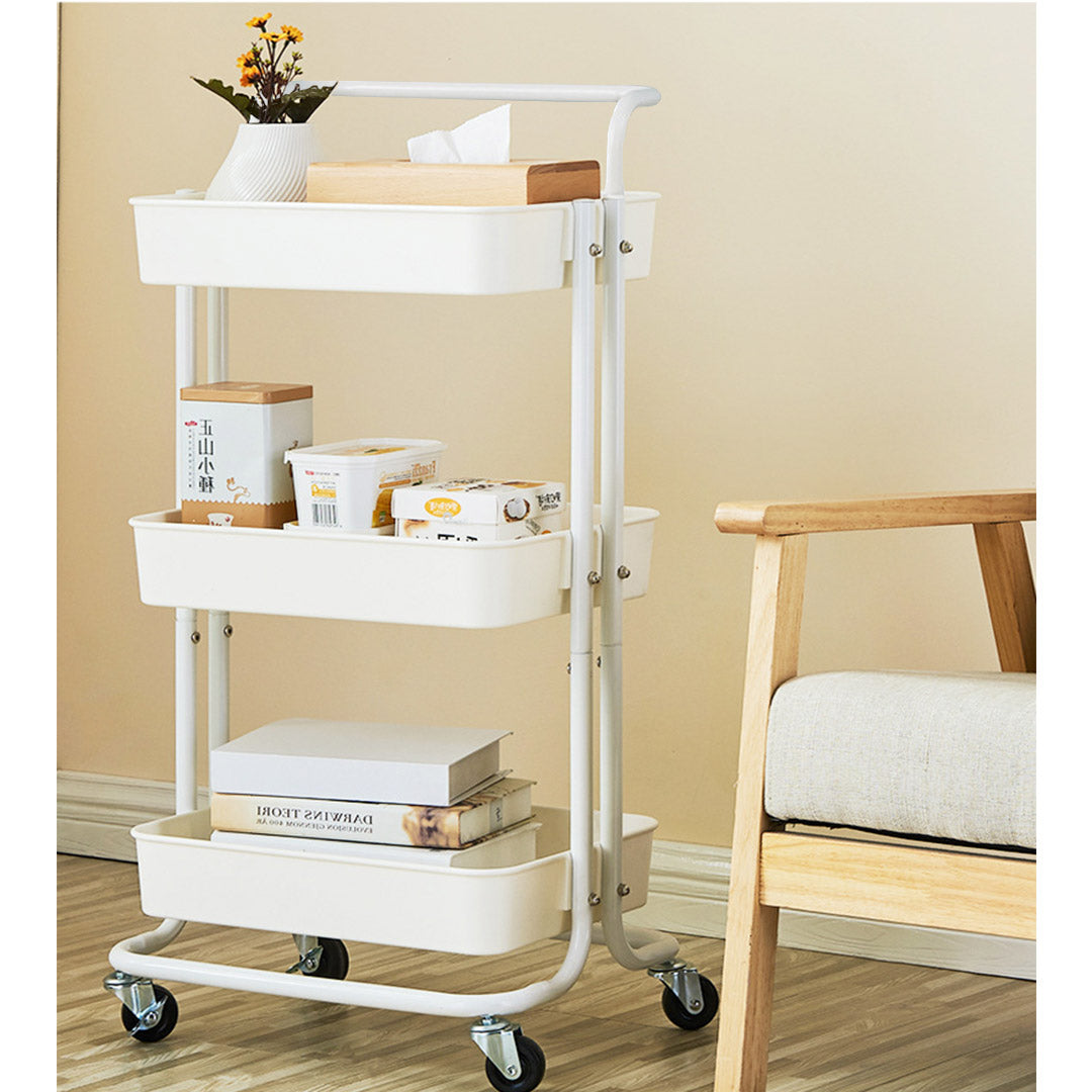 Soga 3 Tier Steel White Movable Kitchen Cart Multi Functional Shelves Portable Storage Organizer With Wheels