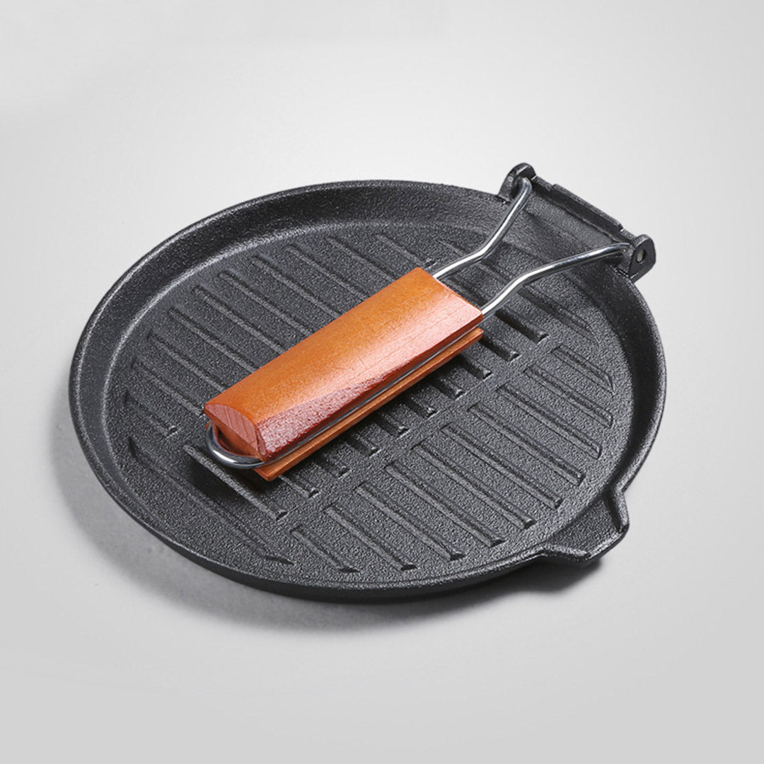 Soga 2 X 24cm Round Ribbed Cast Iron Steak Frying Grill Skillet Pan With Folding Wooden Handle