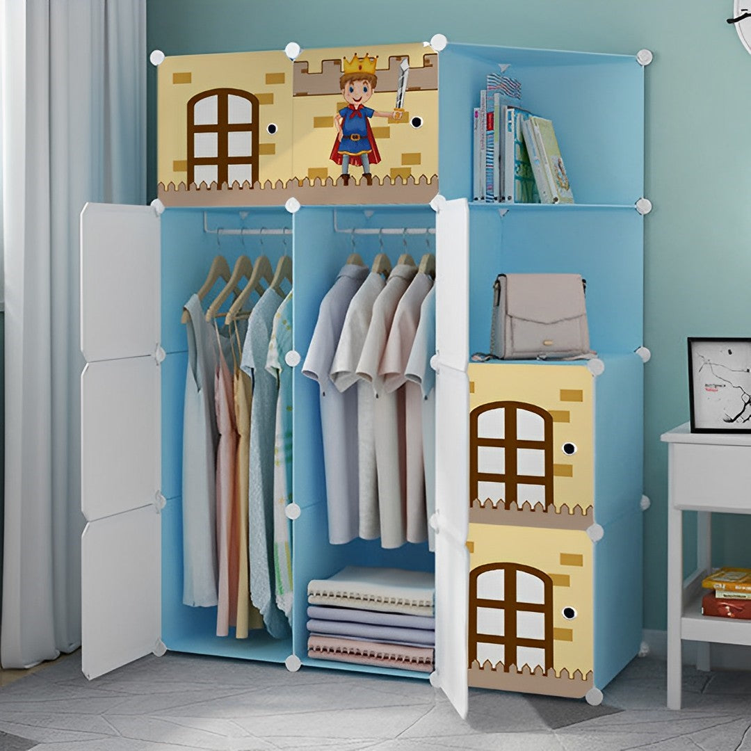 10 Cubes Blue Castle Print Portable Wardrobe Divide-Grid Modular Storage Organiser Foldable Closet