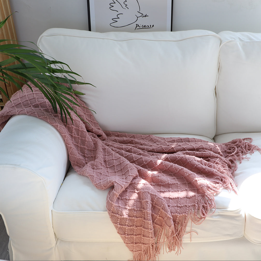 Pink Diamond Pattern Knitted Throw Blanket Warm Cozy Woven Cover Couch Bed Sofa Home Decor with Tassels