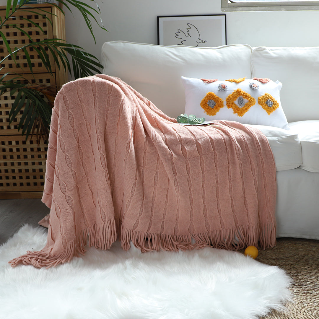 2X Pink Textured Knitted Throw Blanket Warm Cozy Woven Cover Couch Bed Sofa Home Decor with Tassels