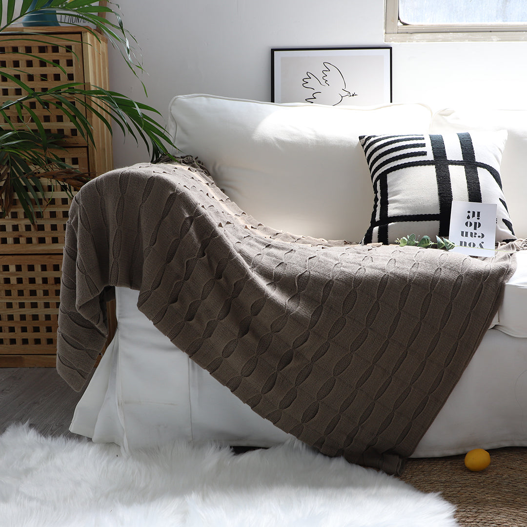 2X Coffee Textured Knitted Throw Blanket Warm Cozy Woven Cover Couch Bed Sofa Home Decor with Tassels