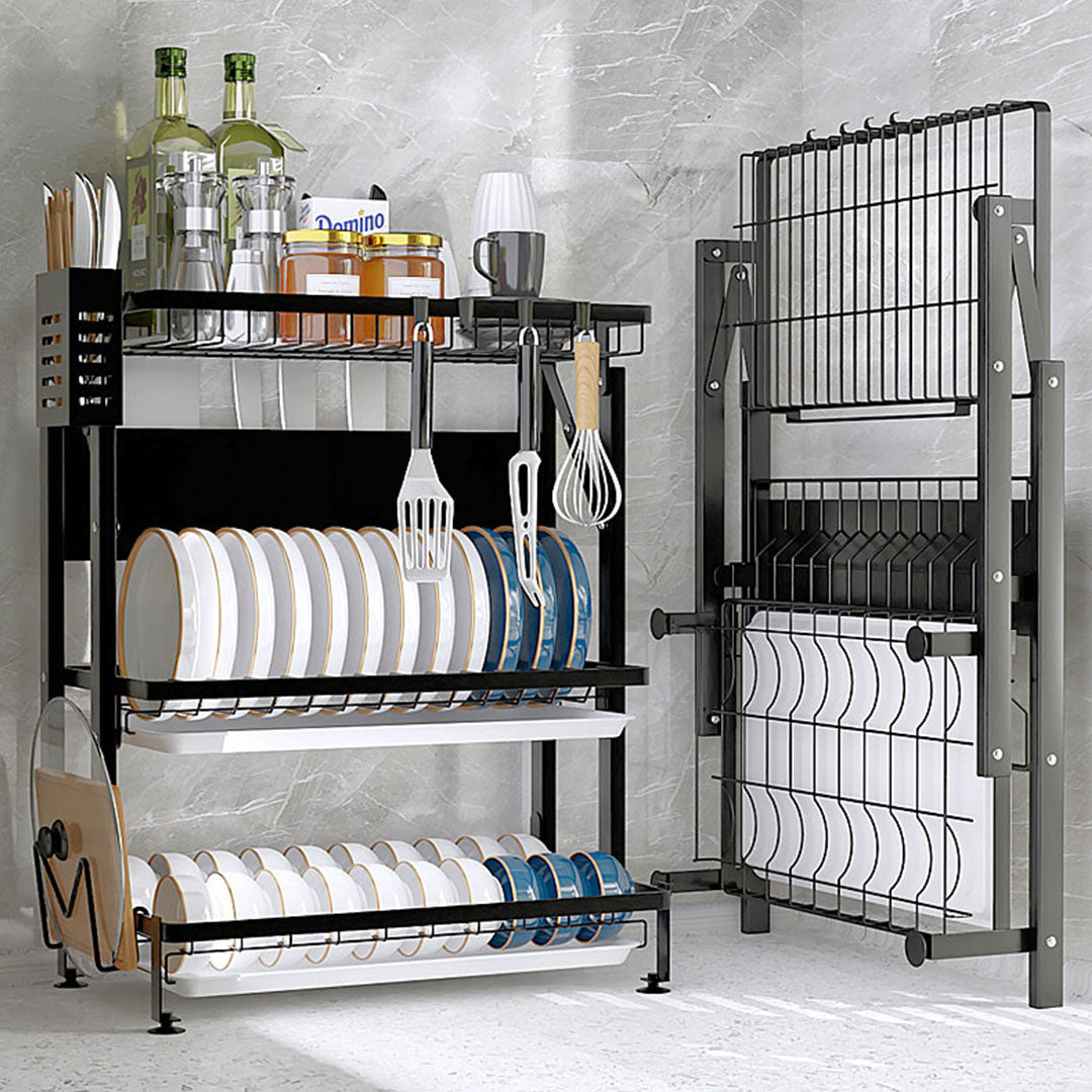 2X 3 Tier Steel Black Kitchen Countertop Drying Rack Dish Plate Cutlery Cutting Board Holder Dish Drainer Kitchen Organiser