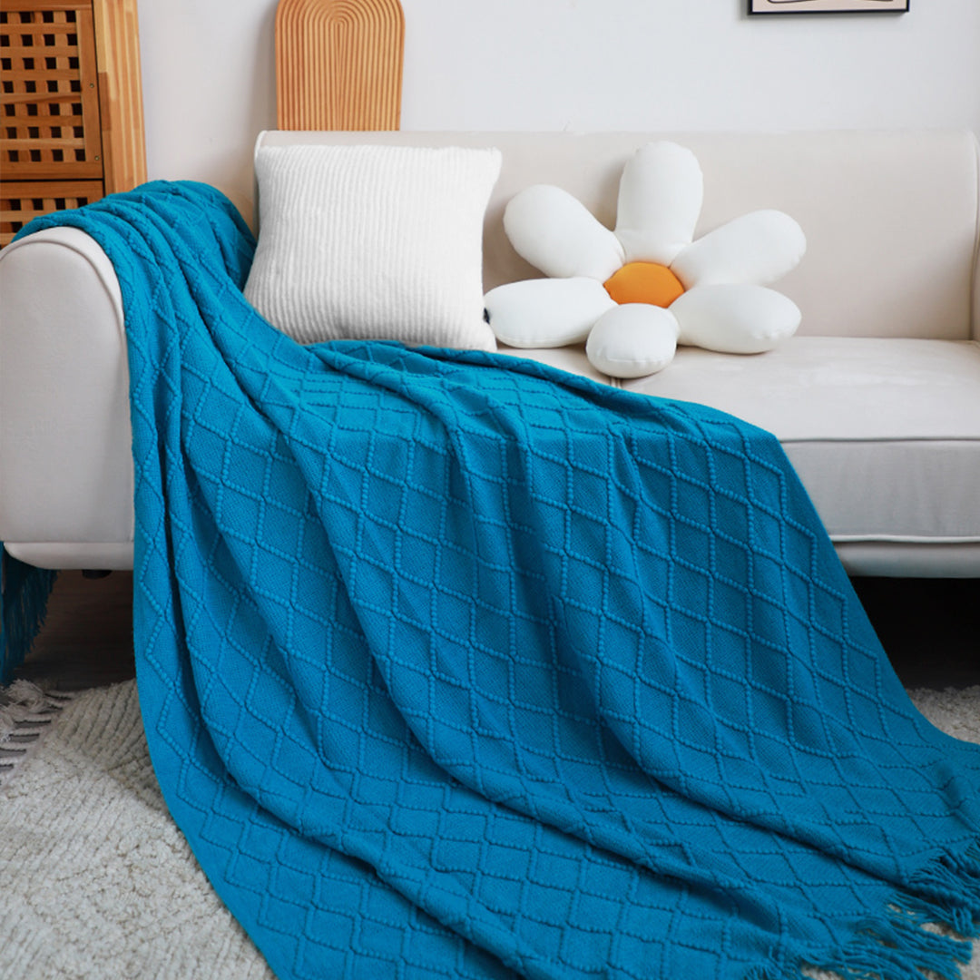 Blue Diamond Pattern Knitted Throw Blanket Warm Cozy Woven Cover Couch Bed Sofa Home Decor with Tassels