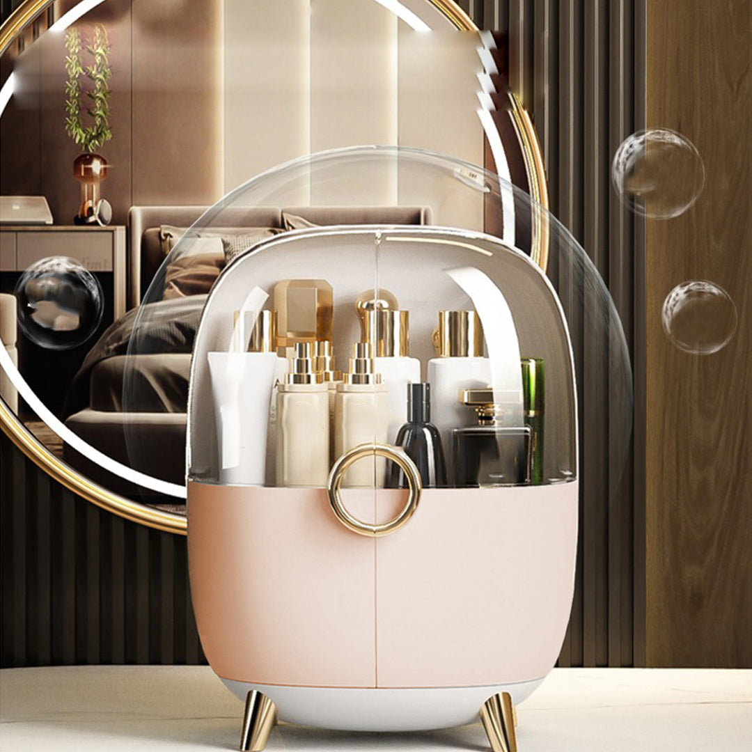 2X Pink Transparent Countertop Makeup Organiser Cosmetic Storage Waterproof Dustproof Bathroom Skincare Holder with Lid