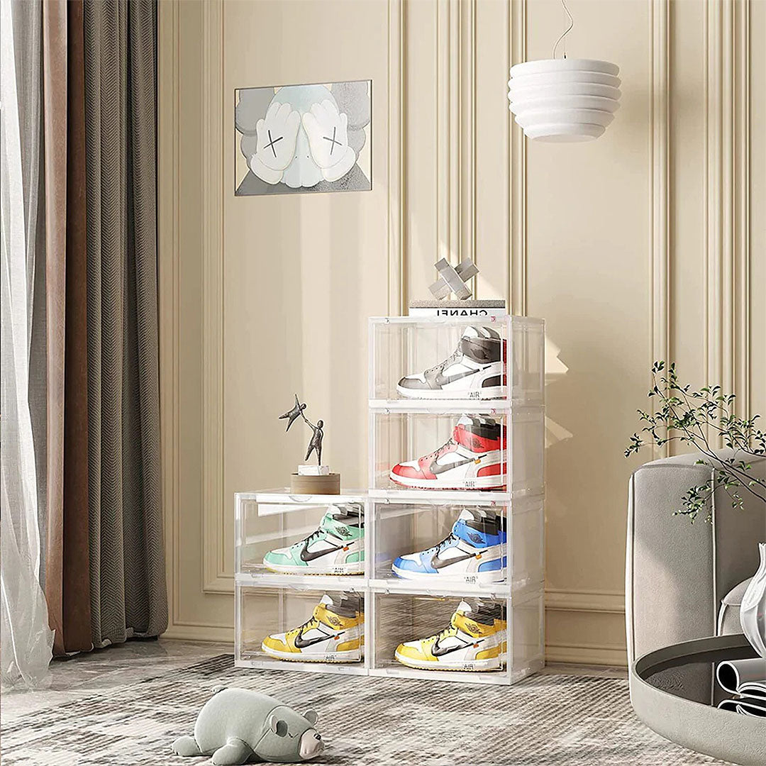 4 Tier Transparent Portable Shoe Organiser Sneaker Footwear Folding Plastic Bin Stackable Storage Box with Magnetic Door