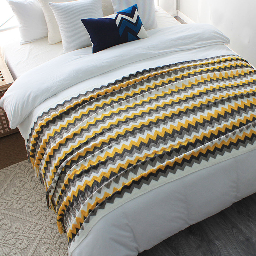 220cm Yellow Zigzag Striped Throw Blanket Acrylic Wave Knitted Fringed Woven Cover Couch Bed Sofa Home Decor